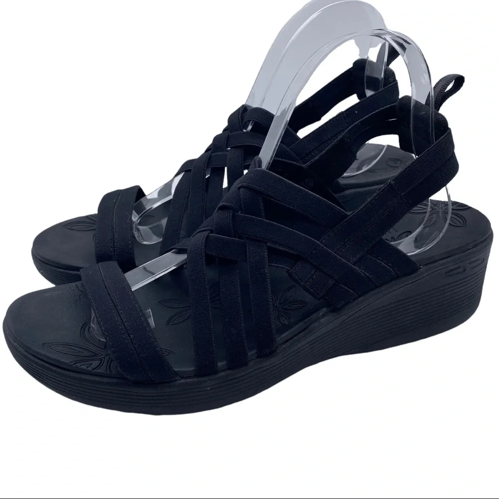 Skechers Pier-Lite Black Stretch Strappy Pull On Wedge Comfort Sandal Size 10
